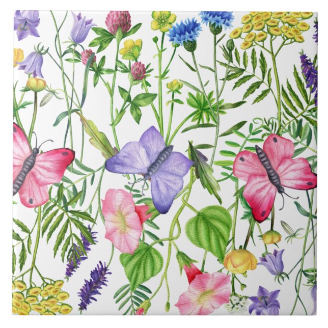Aquarellfarbene Wildblumen und Schmetterlinge Fliese (Vorderseite)