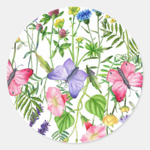 Aquarellfarbene Wildblumen und Schmetterlinge Runder Aufkleber