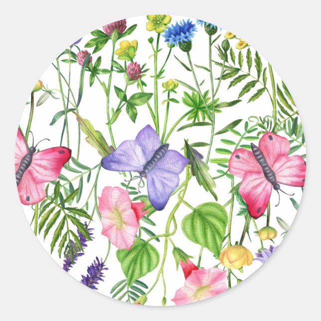 Aquarellfarbene Wildblumen und Schmetterlinge Runder Aufkleber (Vorderseite)