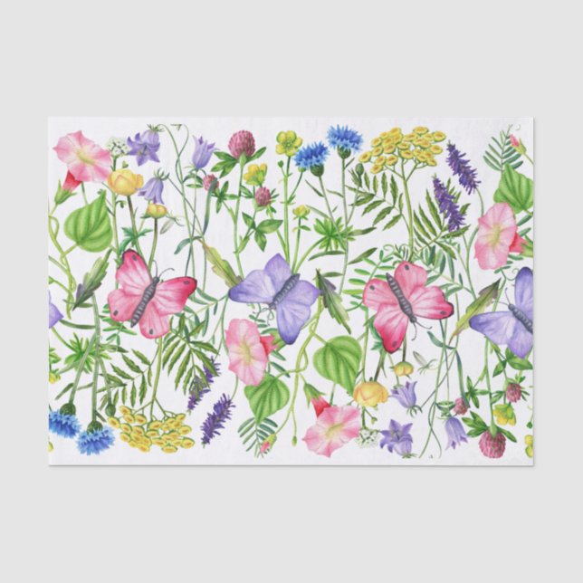 Aquarellfarbene Wildblumen und Schmetterlinge Seidenpapier (Vorderseite)