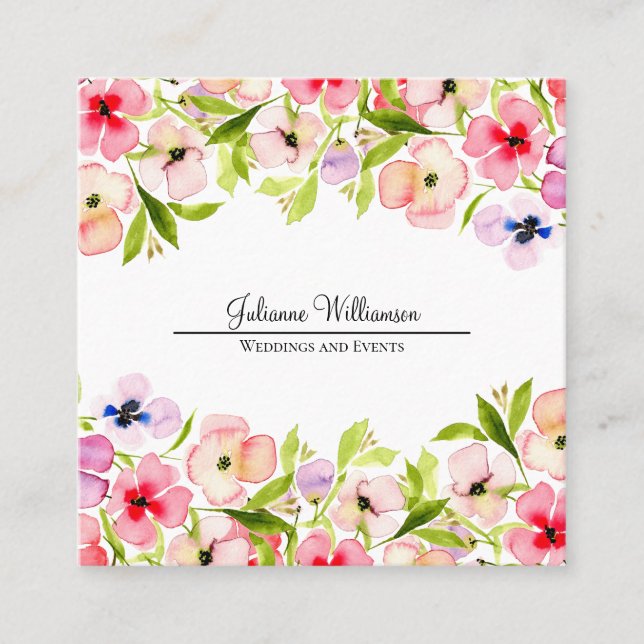 Aquarellfarbene Wildblumen und Stiefmütterchen Hüb Quadratische Visitenkarte (Vorderseite)