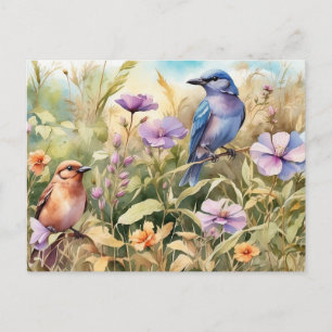 Aquarellfarbene Wildblumen und Vogeldarstellung Postkarte