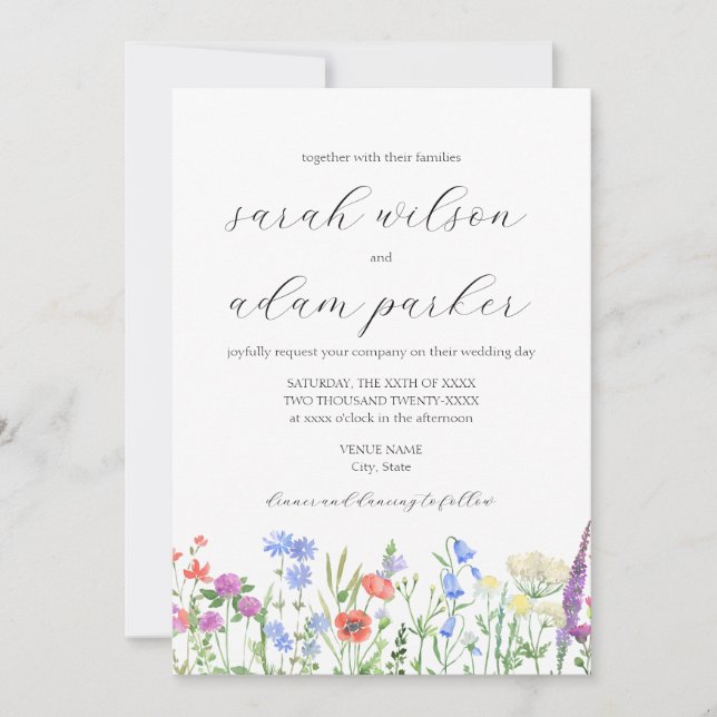 Aquarellfarbene Wildblumen zum Hochzeitsfeiern Einladung (Vorderseite)