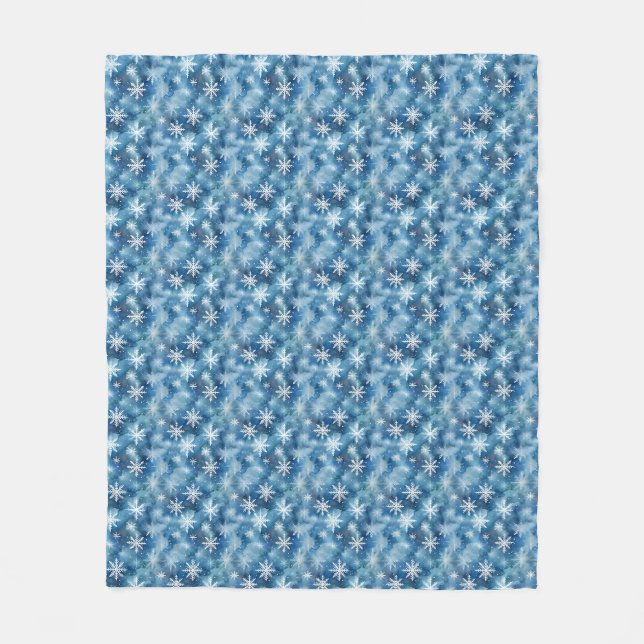Aquarellfarbene Winterschneeflocken blauer Hinterg Fleecedecke (Vorderseite)