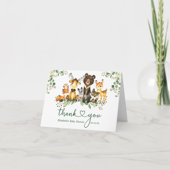 Aquarellfarbene Woodland Animals Kinderdusche Herz Dankeskarte (Vorderseite)