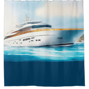 Aquarellfarbene Yacht auf dem blauen Wasser Duschvorhang