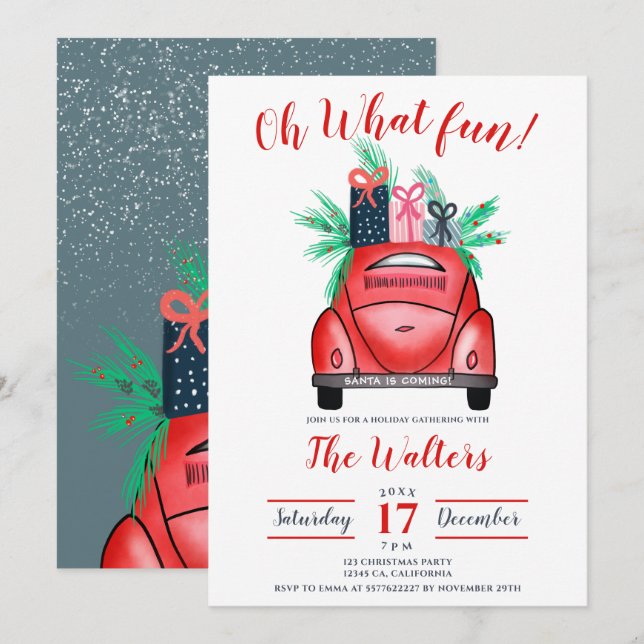 Aquarellfarbener Autos - Illustration Weihnachten  Einladung (Vorne/Hinten)