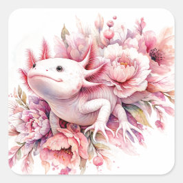 Aquarellfarbener Axolotl unter rosa Blume Quadratischer Aufkleber