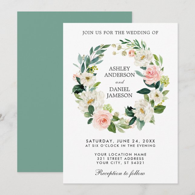 Aquarellfarbener Blumenreath Pink White Wedding GR Einladung (Vorne/Hinten)