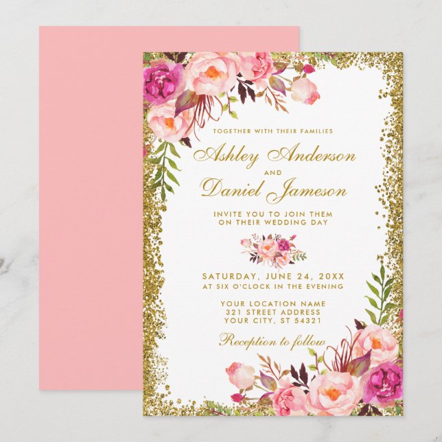 Aquarellfarbener Blütenrosa-Rosa-Rosa-Glitzer Einladung (Vorne/Hinten)