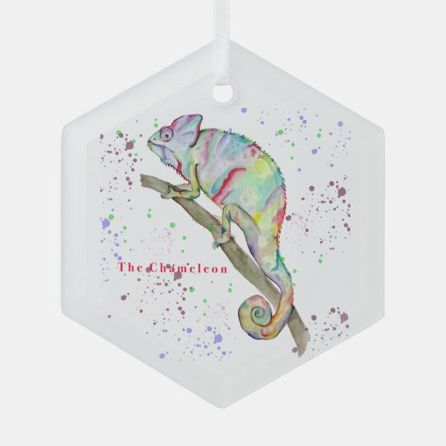 Aquarellfarbener Chamäleon Ornament Aus Glas (Vorderseite)