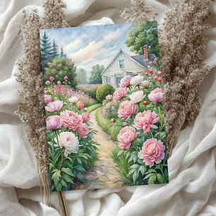 Aquarellfarbener Garten mit weißem Haus Rosa-Bäume Seidenpapier