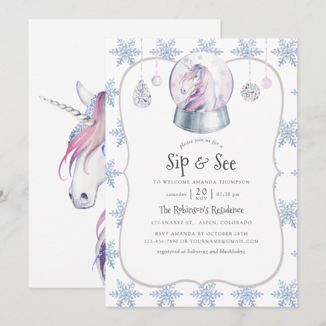 Aquarellfarbener Glitzer Einhorn Weihnachtsfeier Einladung (Vorne/Hinten)