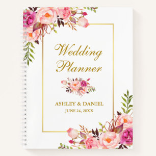 Aquarellfarbener Goldrosa Blütendecker Hochzeitspl Notizbuch
