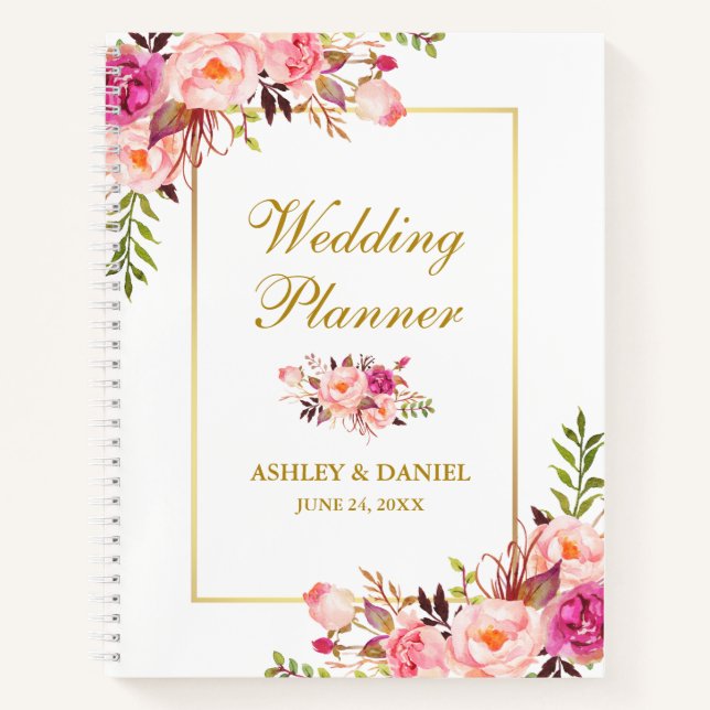 Aquarellfarbener Goldrosa Blütendecker Hochzeitspl Notizbuch (Vorderseite)