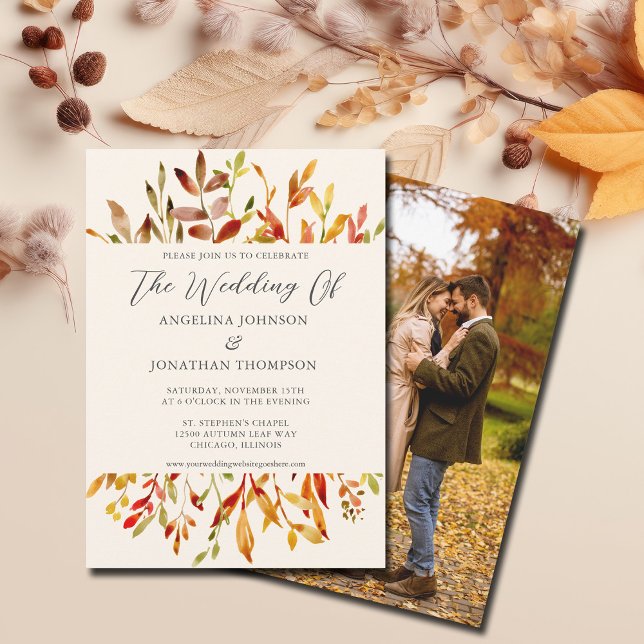 Aquarellfarbener Herbst lässt Foto zurück Hochzeit Einladung (Von Creator hochgeladen)