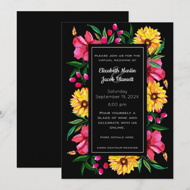 Aquarellfarbener Hibiskus & Dahlias Virtual Weddin Einladung (Vorne/Hinten)