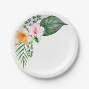 Aquarellfarbener Hibiskus und tropische Folien Pappteller