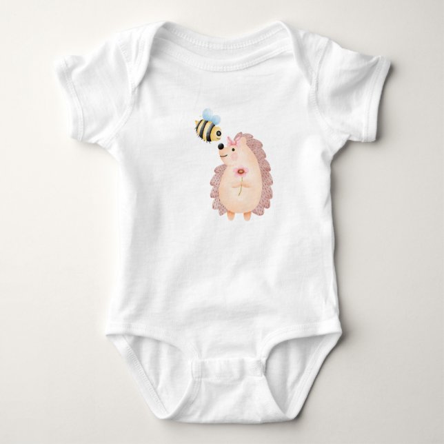 Aquarellfarbener Igel Cartoon, der mit einer Biene Baby Strampler (Vorderseite)