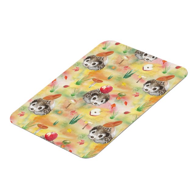 Aquarellfarbener Igel mit Pilzen und Apfel Magnet (Linke Seite)