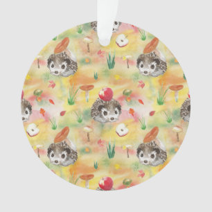Aquarellfarbener Igel mit Pilzen und Apfel Ornament