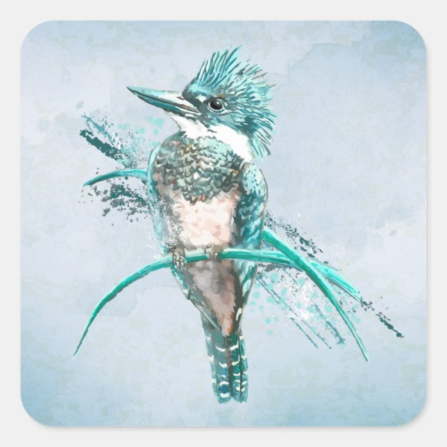 Aquarellfarbener Kingfisher Bird Animal Square Quadratischer Aufkleber (Vorderseite)