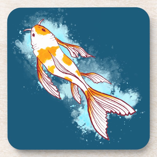Aquarellfarbener Koi Fisch auf blauer Illustration Getränkeuntersetzer (Vorderseite)