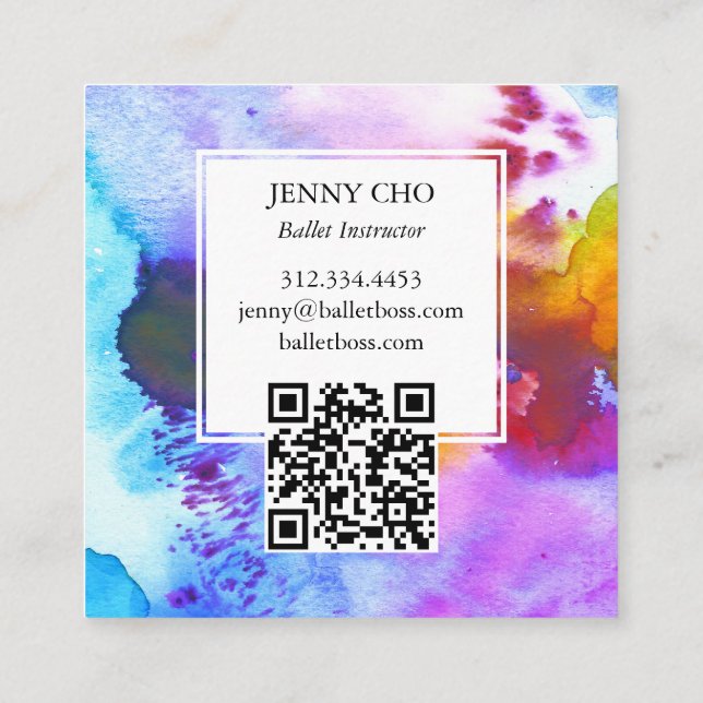 Aquarellfarbener, lebhafter QR-Code Quadratische Visitenkarte (Rückseite)