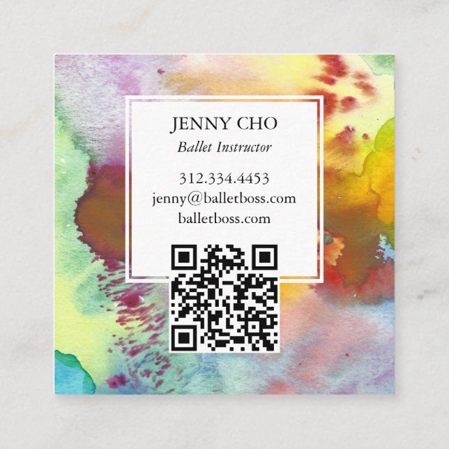 Aquarellfarbener, lebhafter QR-Code Quadratische Visitenkarte (Rückseite)