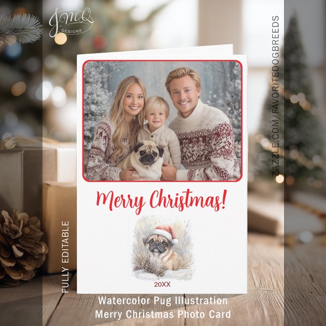 Aquarellfarbener Mops Illustration Frohe Weihnacht Karte (Watercolor Pug Illustration Merry Christmas Photo Card)