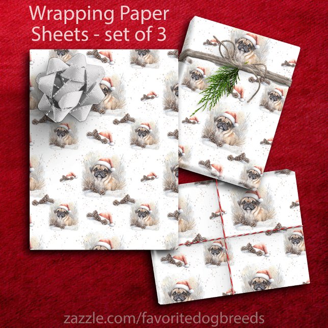 Aquarellfarbener Mops in der Weihnachtsmannmütze W Geschenkpapier Set (Watercolor Pug in Santa Hat Christmas Wrapping Paper Sheets - set of 3)