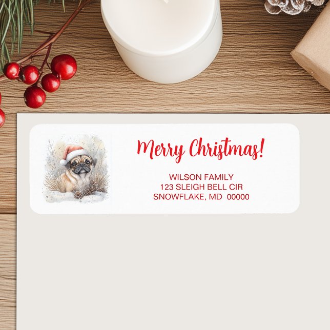 Aquarellfarbener Mops in Weihnachtsmannmütze Frohe (Watercolor Pug in Santa Hat Merry Christmas Return Label)