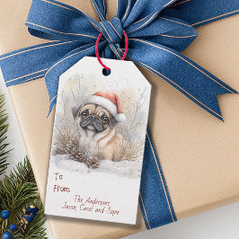 Aquarellfarbener Mops in Weihnachtsmannmütze Weihn Geschenkanhänger