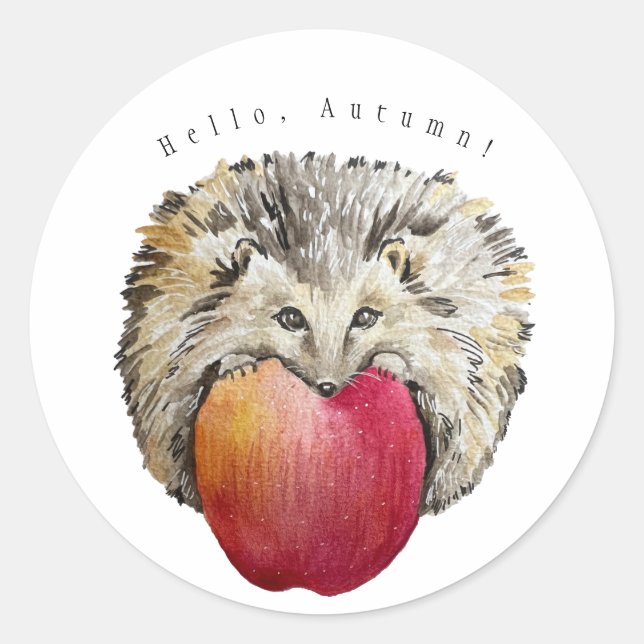 Aquarellfarbener niedlicher Igel und Apfel Runder Aufkleber (Vorderseite)