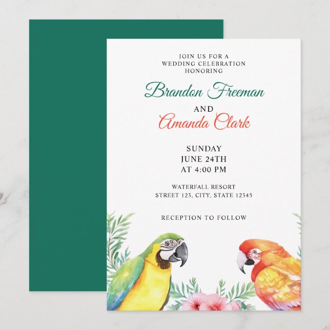 Aquarellfarbener Papagei Couple Blumenzehen Einladung (Vorne/Hinten)