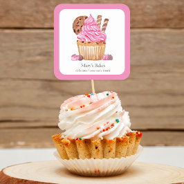 Aquarellfarbener Pinkkuchen mit Schokoladenbäckere Quadratischer Aufkleber