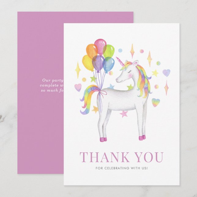 Aquarellfarbener Regenbogen Einhorn Kindergeburtst Dankeskarte (Vorne/Hinten)