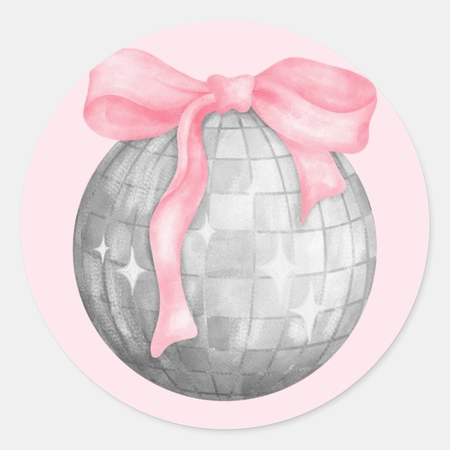 Aquarellfarbener rosa Bow Silver Diskothek Ball Runder Aufkleber (Vorderseite)