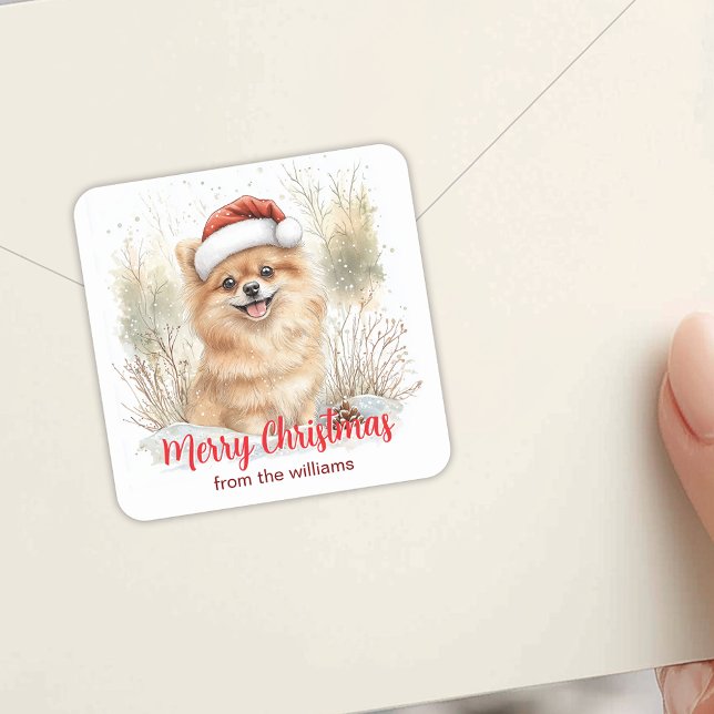 Aquarellfarbener Spitz in Weihnachtsmannmütze Froh Quadratischer Aufkleber (Watercolor Pomeranian in Santa Hat Merry Christmas Square Sticker)