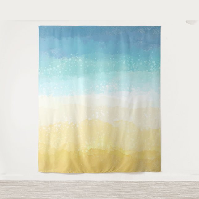 Aquarellfarbener Strand und Ozeanlandschaft Wandteppich (Vorderseite)