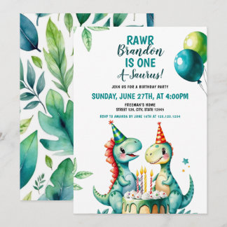 Aquarellfarbener Trex Dinosaurier 1. Geburtstag Einladung