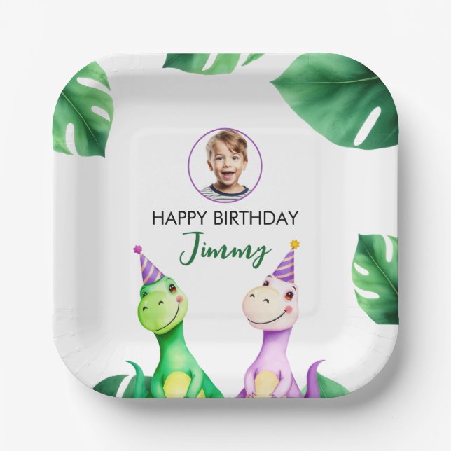 Aquarellfarbener Trex Kinder Foto Geburtstag Pappteller (Vorderseite)