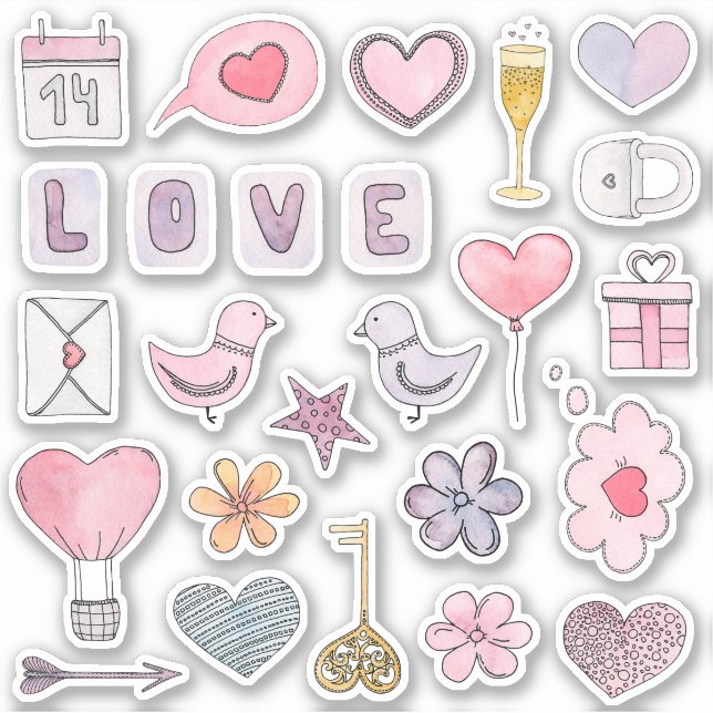 Aquarellfarbener Valentinstag Liebe, rosa Herzen Aufkleber (Vorderseite)