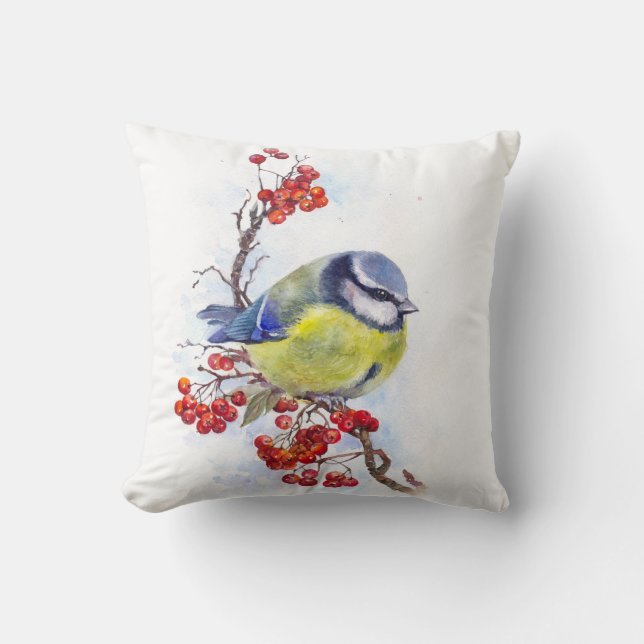 Aquarellfarbener Wintertimvogeldiagramm Kissen (Vorderseite)