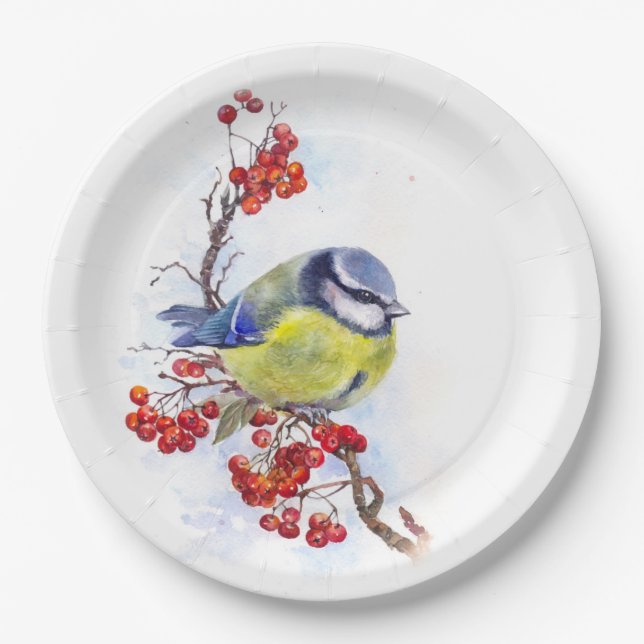 Aquarellfarbener Wintertimvogeldiagramm Pappteller (Vorderseite)