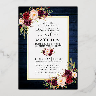Aquarellfarbenes blaues Holz Hochzeit Gold Folieneinladung