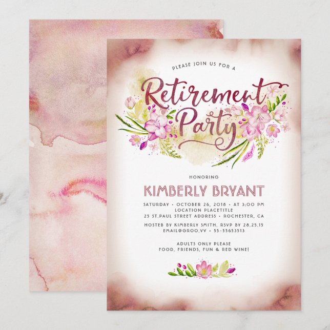 Aquarellfarbenes Blumenbild Elegantes Ruhestand Pa Einladung (Vorne/Hinten)