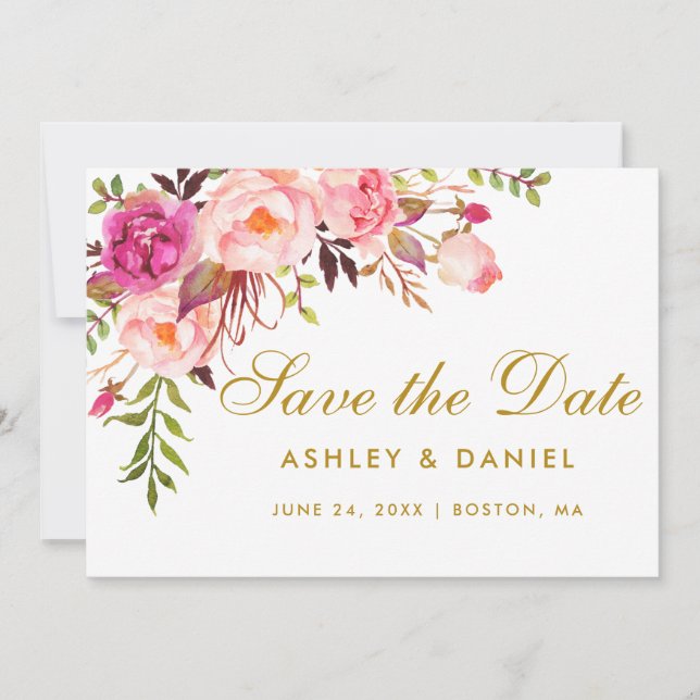 Aquarellfarbenes Blumenrosa Save the Date (Vorderseite)