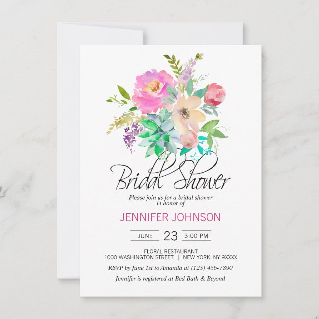 Aquarellfarbenes Blumenrosa Sukkultes Brautparty Einladung (Vorderseite)