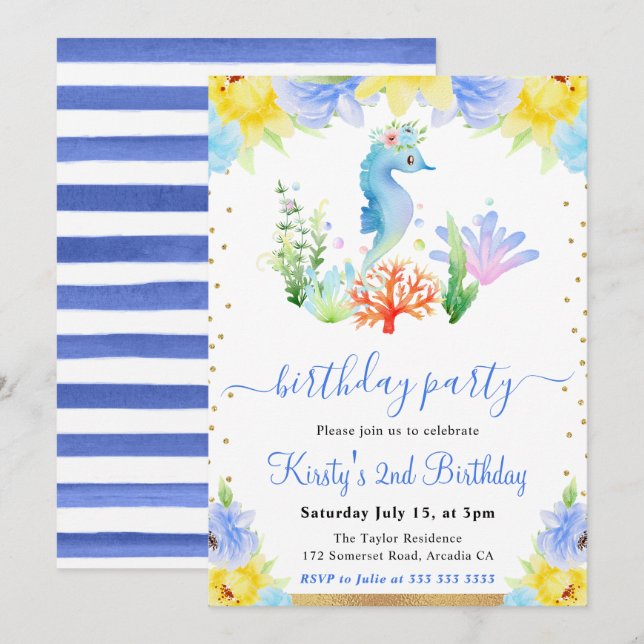 Aquarellfarbenes Blumenwasser Seepferd Geburtstag Einladung (Vorne/Hinten)